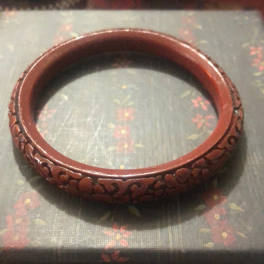 Vintage Authentic Chinese Carved Cinnabar Lacquer Peony Flower Bangle Red